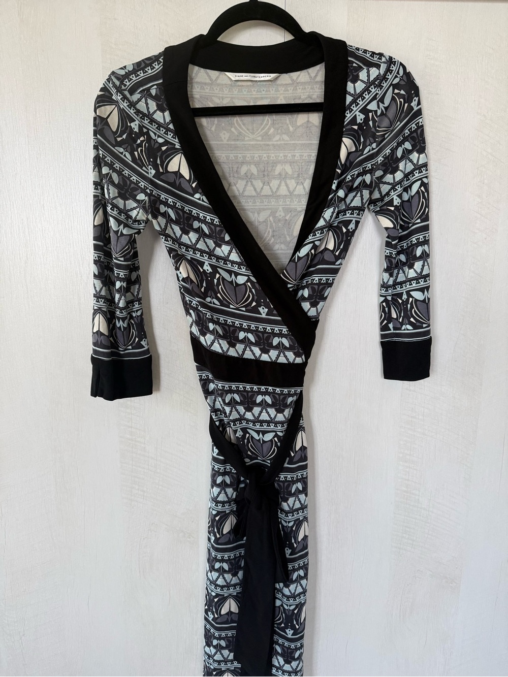 Diane Von Furstenberg Black and Light Blue Patterned Wrap Midi Dress
